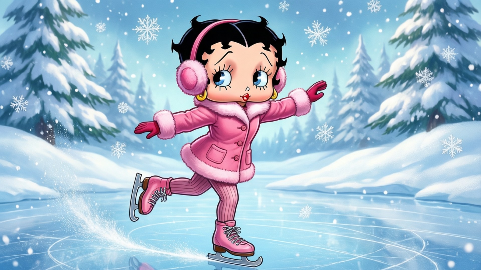 Winter Skating 壁紙 — Betty Boop 身穿粉紅色冬季外套，在雪花飄落的環境中，優雅地在被雪覆蓋的松樹環繞的溜冰場上滑行。