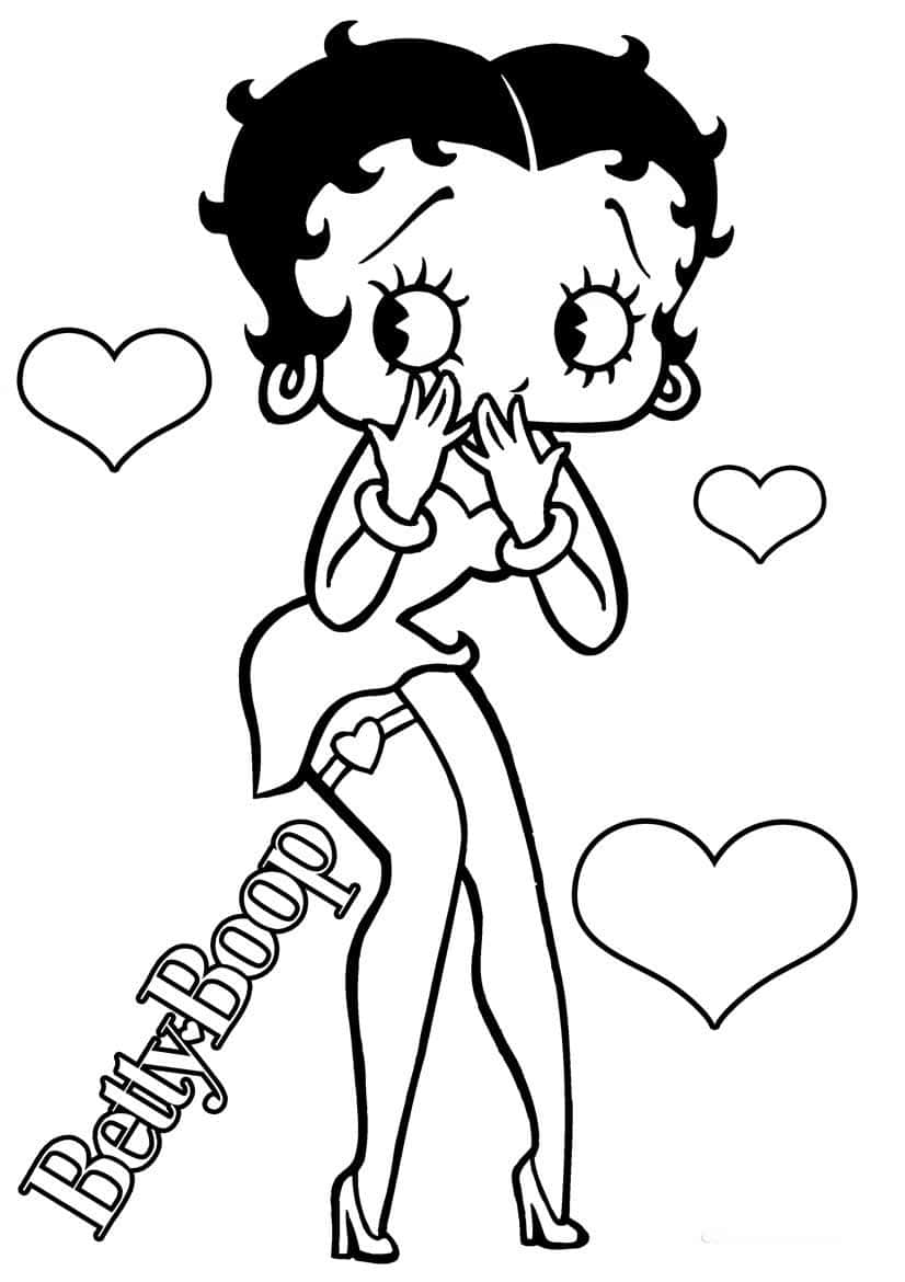 貝蒂娃娃 桌布 壁紙 — Betty Boop 以經典卡通風格呈現，周圍有心形圖案，雙手靠近嘴巴，表現出驚訝或低語的樣子。
