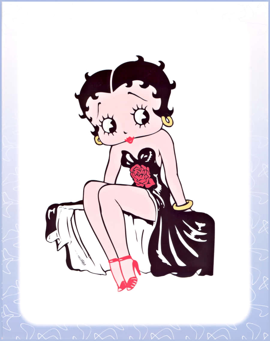 貝蒂娃娃 桌布 壁紙 — Betty Boop 優雅地坐在白色垂褶表面上，穿著黑色連衣裙，配以紅玫瑰和紅色高跟鞋。