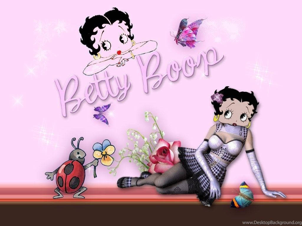boop 桌布 壁紙 — Betty Boop 優雅地躺在瓢蟲和花朵旁邊，背景是閃爍的粉紅色和蝴蝶。