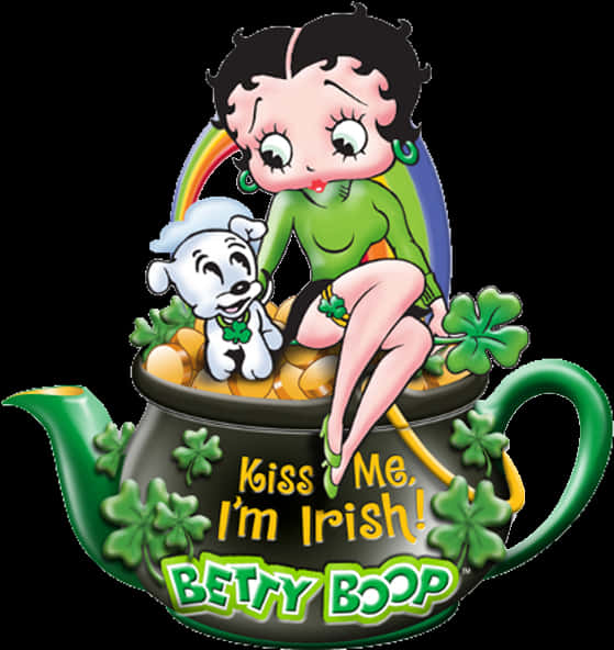 貝蒂娃娃 桌布 壁紙 — Betty Boop 和她的狗坐在一個綠色茶壺上，茶壺在彩虹下溢出金幣和三葉草。