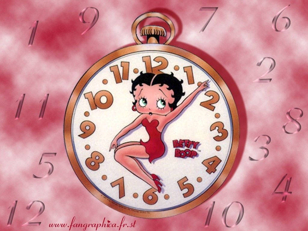 boop 桌布 壁紙 — Betty Boop 在一個復古懷錶內快樂地跳舞，背景是柔和的粉紅色雲朵和漂浮的數字。