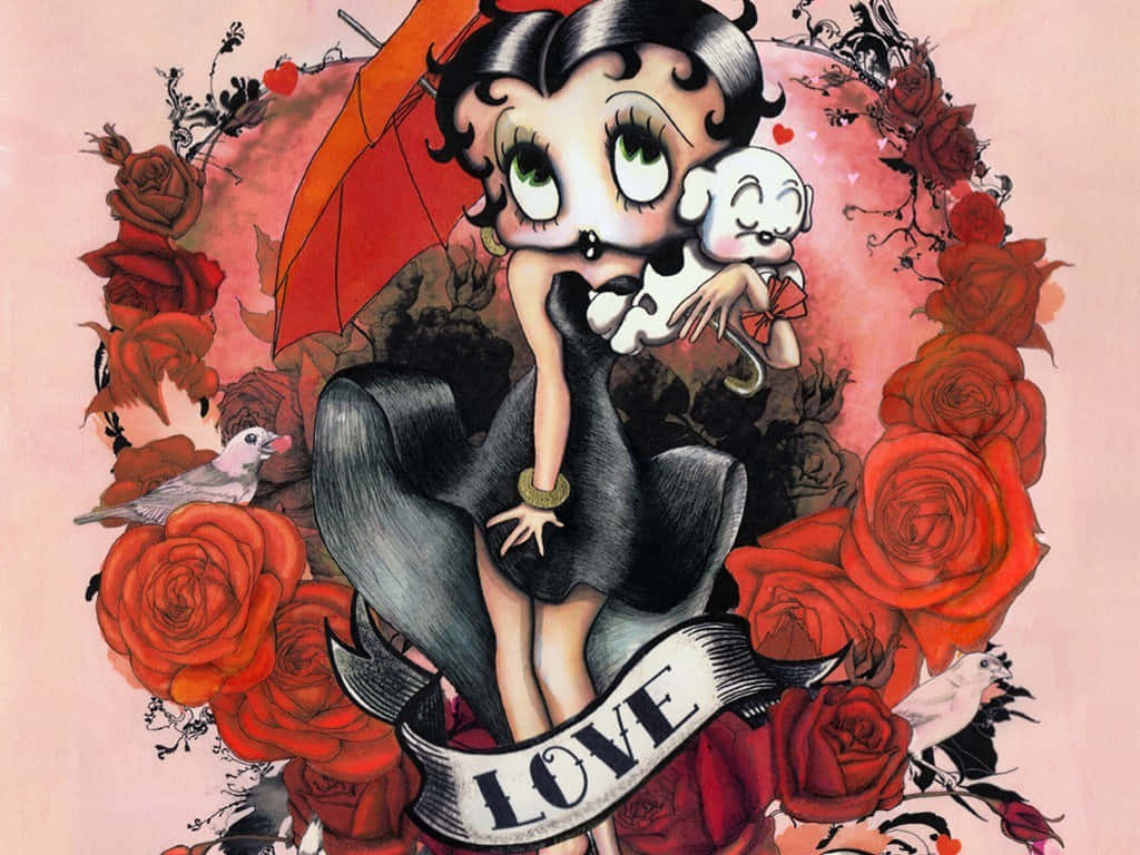 貝蒂娃娃 桌布 壁紙 — Betty Boop 在紅色雨傘下抱著一隻白色小狗，周圍是鮮紅色玫瑰和鴿子，還有 'LOVE' 橫幅。