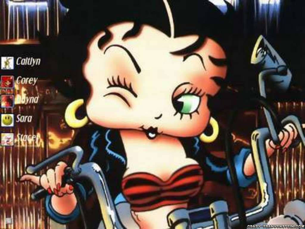 boop 桌布 壁紙 — Betty Boop 在霓虹燈閃爍的城市環境中騎著摩托車，眨眼微笑。