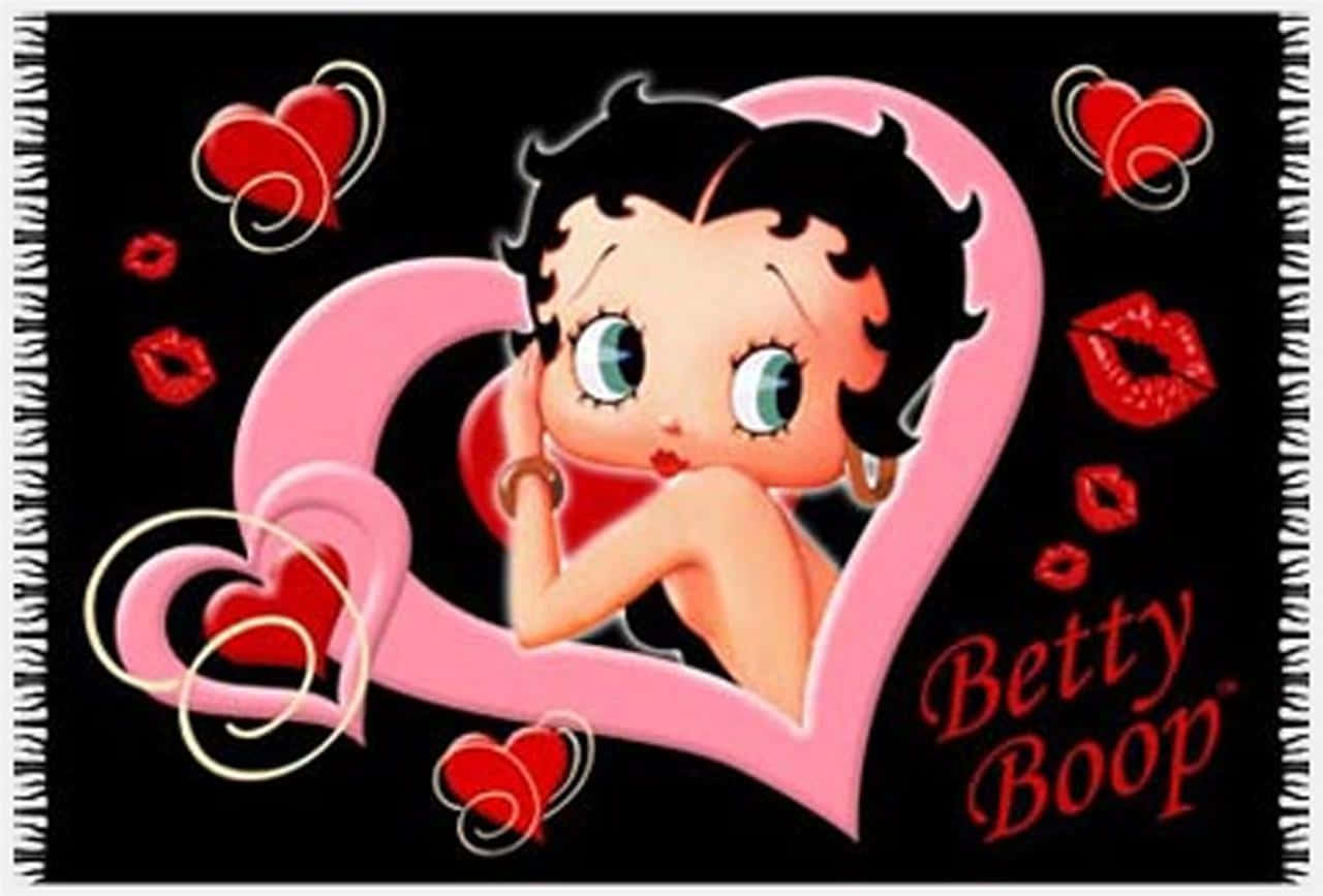 Betty Boop Christmas 桌布 壁紙 — Betty Boop 在黑色背景上，被紅色心形和嘴唇包圍的粉紅色心形裡面休息。