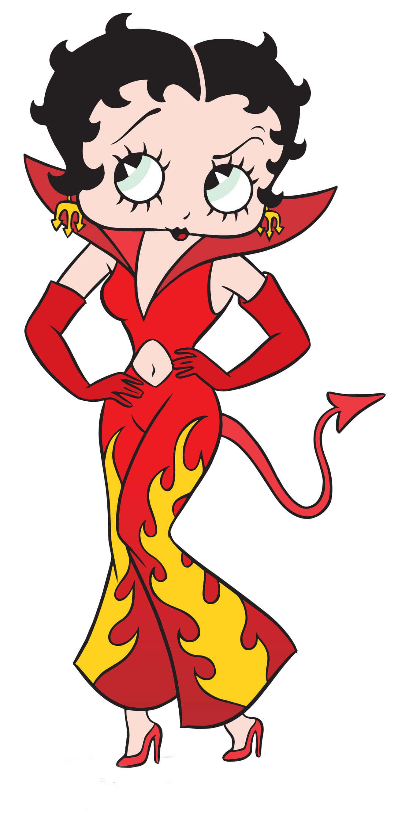 貝蒂娃娃 桌布 壁紙 — Betty Boop 打扮成火熱的惡魔，穿著紅黃火焰長袍，有角、尾巴和紅色高跟鞋。