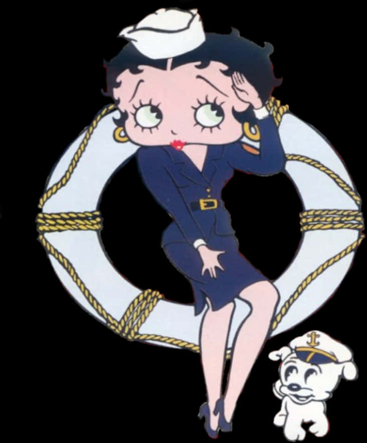 Clip Art 桌布 壁紙 — Betty Boop 穿著水手服坐在救生圈上，她的狗在她旁邊，背景是黑色。