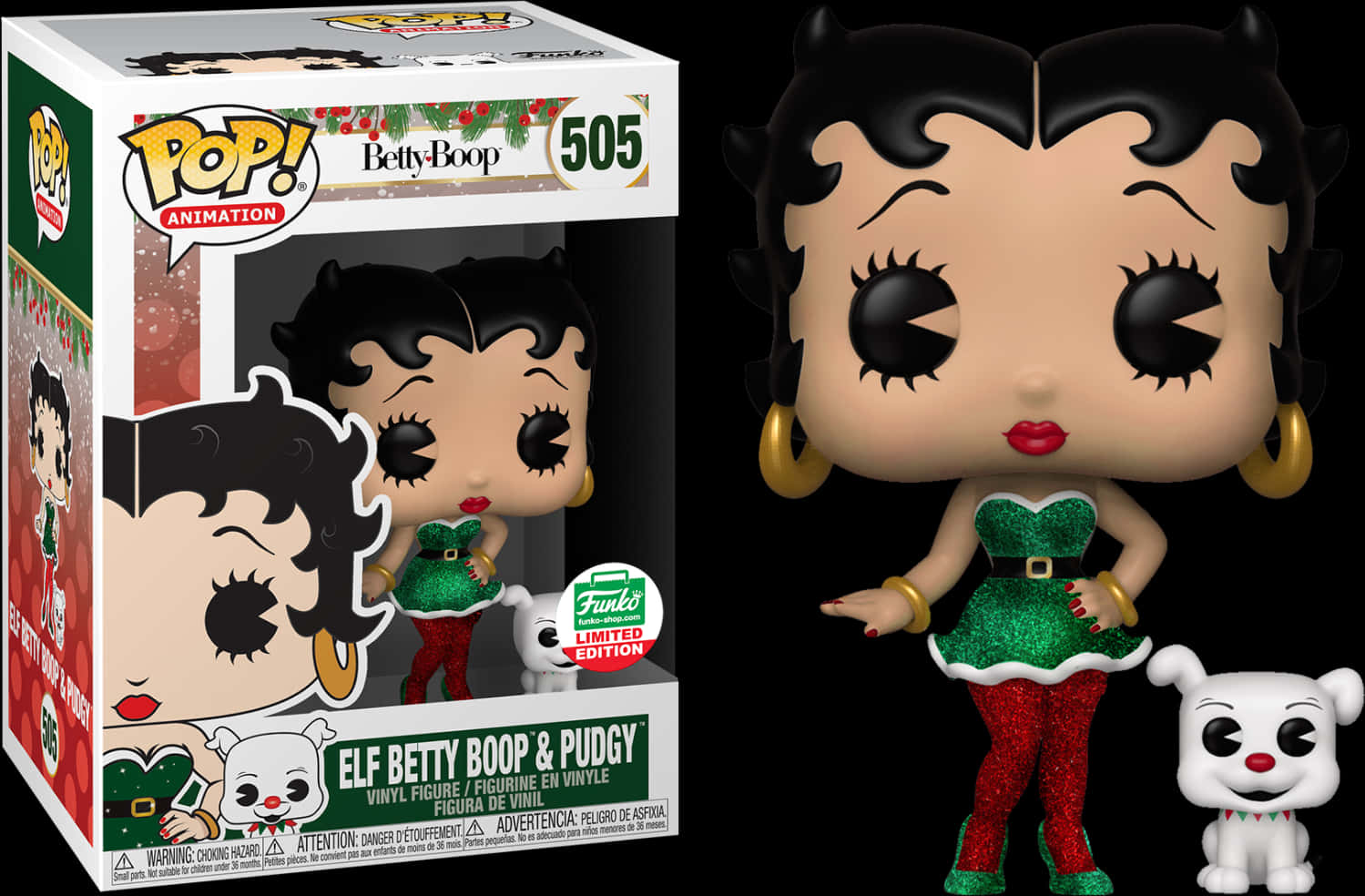 Product 桌布 壁紙 — Betty Boop 穿著精靈服裝與 Pudgy 一起的 Funko Pop! 乙烯基公仔，旁邊展示其限量版包裝。