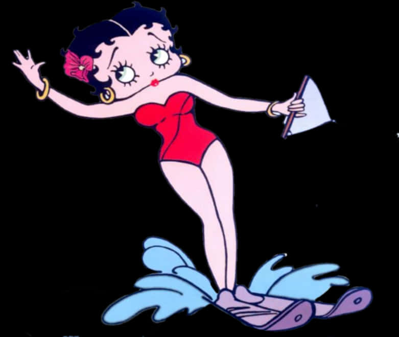 Clip Art 桌布 壁紙 — Betty Boop 穿著紅色泳衣在黑色背景上滑水，濺起藍色水花。