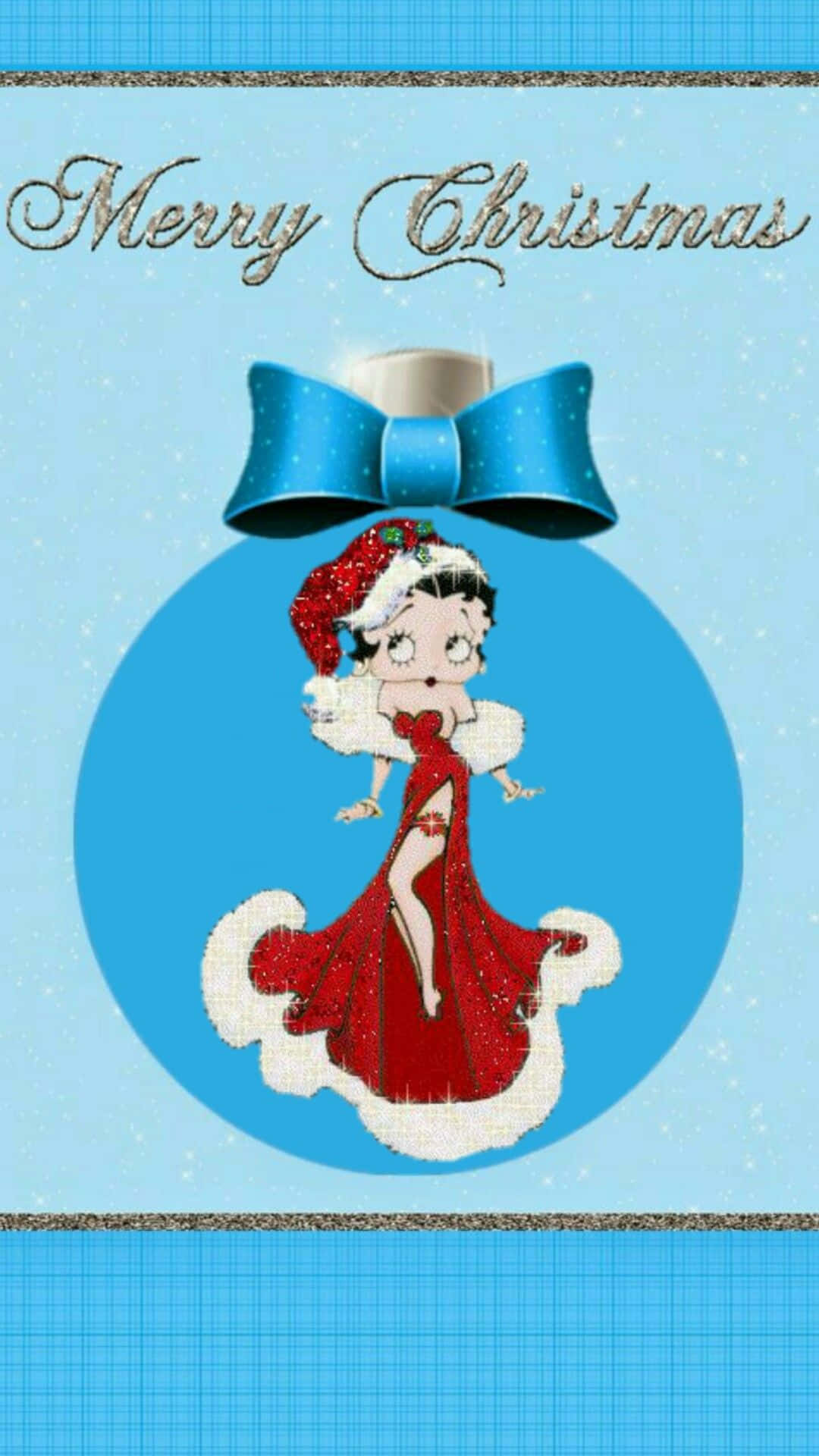 Betty Boop Christmas 桌布 壁紙 — Betty Boop 穿著紅色聖誕裙和帽子，坐在一個帶有蝴蝶結的藍色裝飾品內，背景是雪白的藍色。