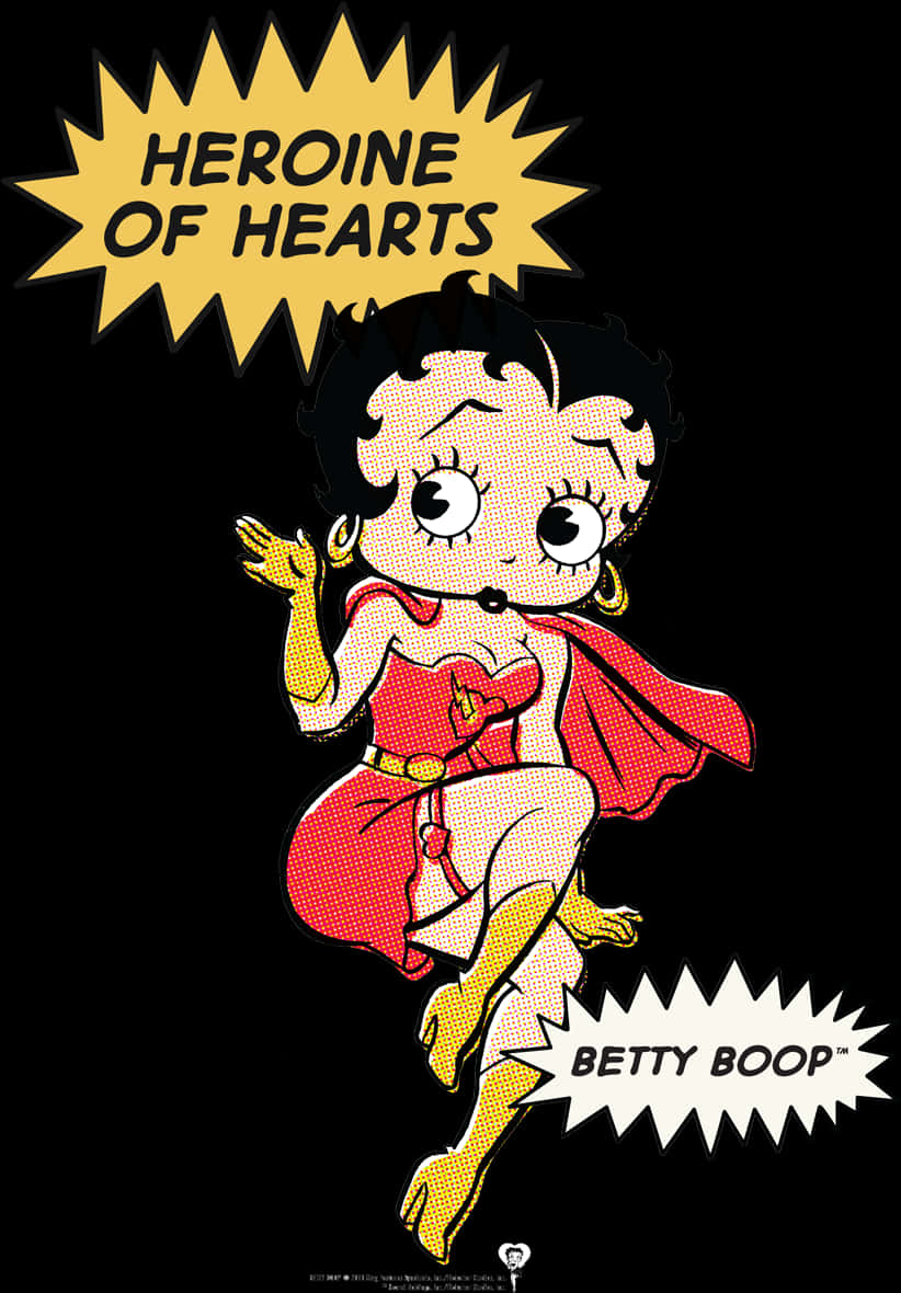 Clip Art 桌布 壁紙 — Betty Boop 穿著紅色連衣裙和斗篷，在黑色背景上動態跳躍，帶有漫畫對話氣泡。