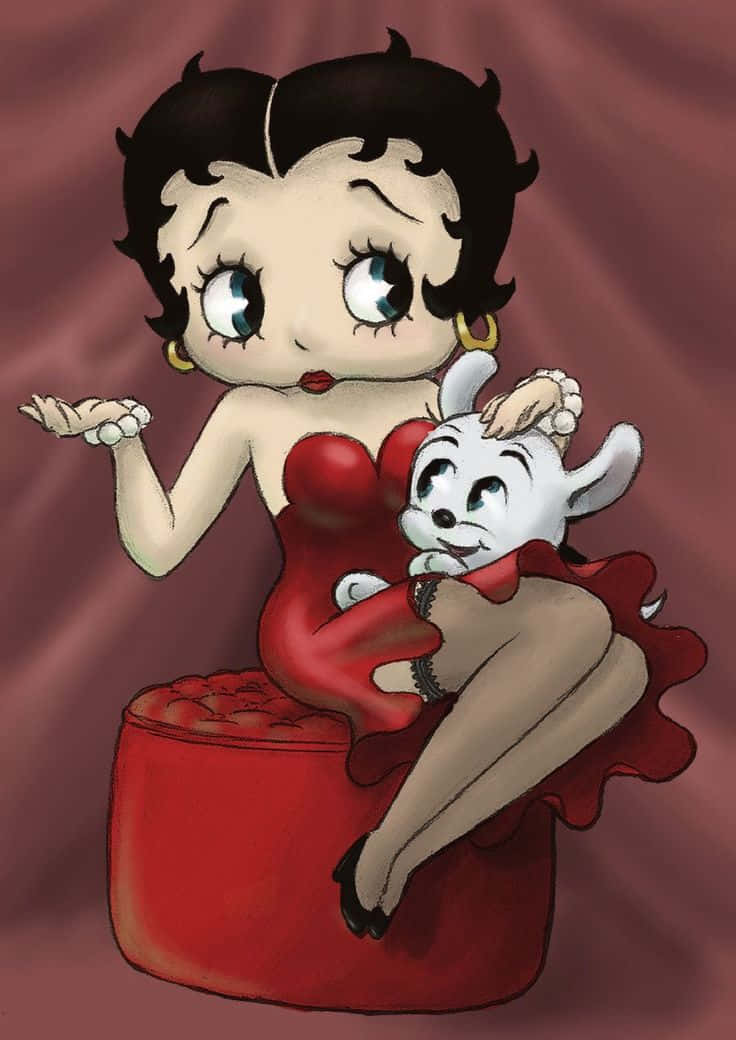 貝蒂娃娃 桌布 壁紙 — Betty Boop 穿著紅色連衣裙坐在紅色軟凳上，抱著一隻白色小狗，背景是栗色布料。