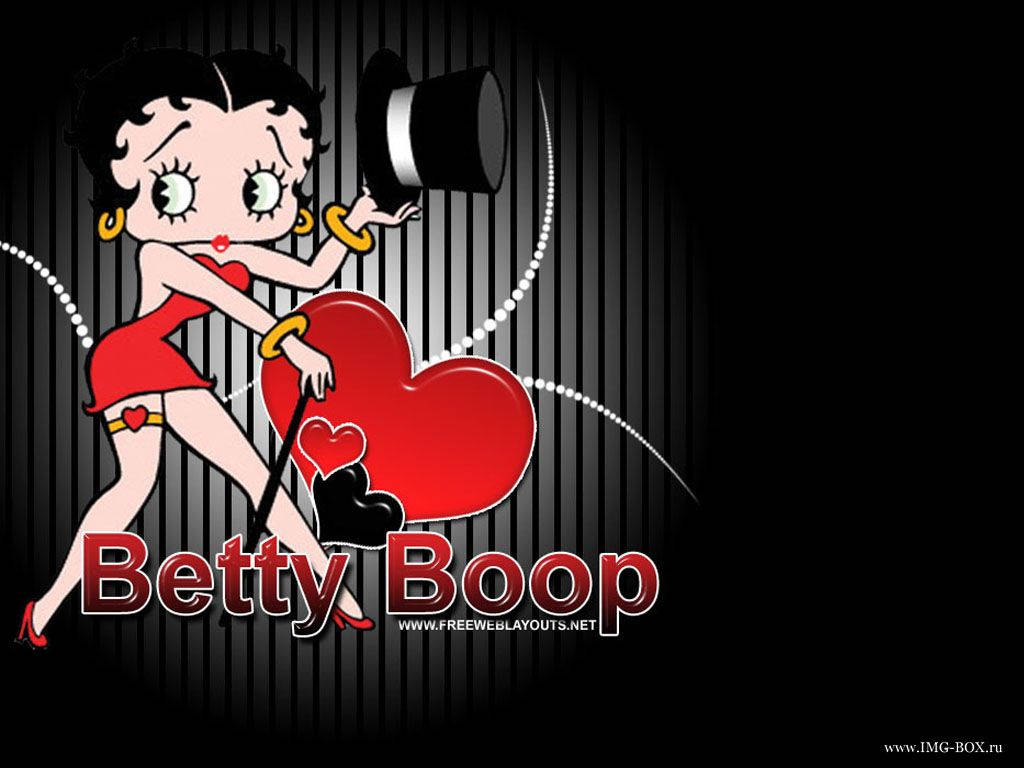 boop 桌布 壁紙 — Betty Boop 穿著紅色連衣裙和高帽，在黑白條紋背景前與一個巨大的紅色心形跳舞。