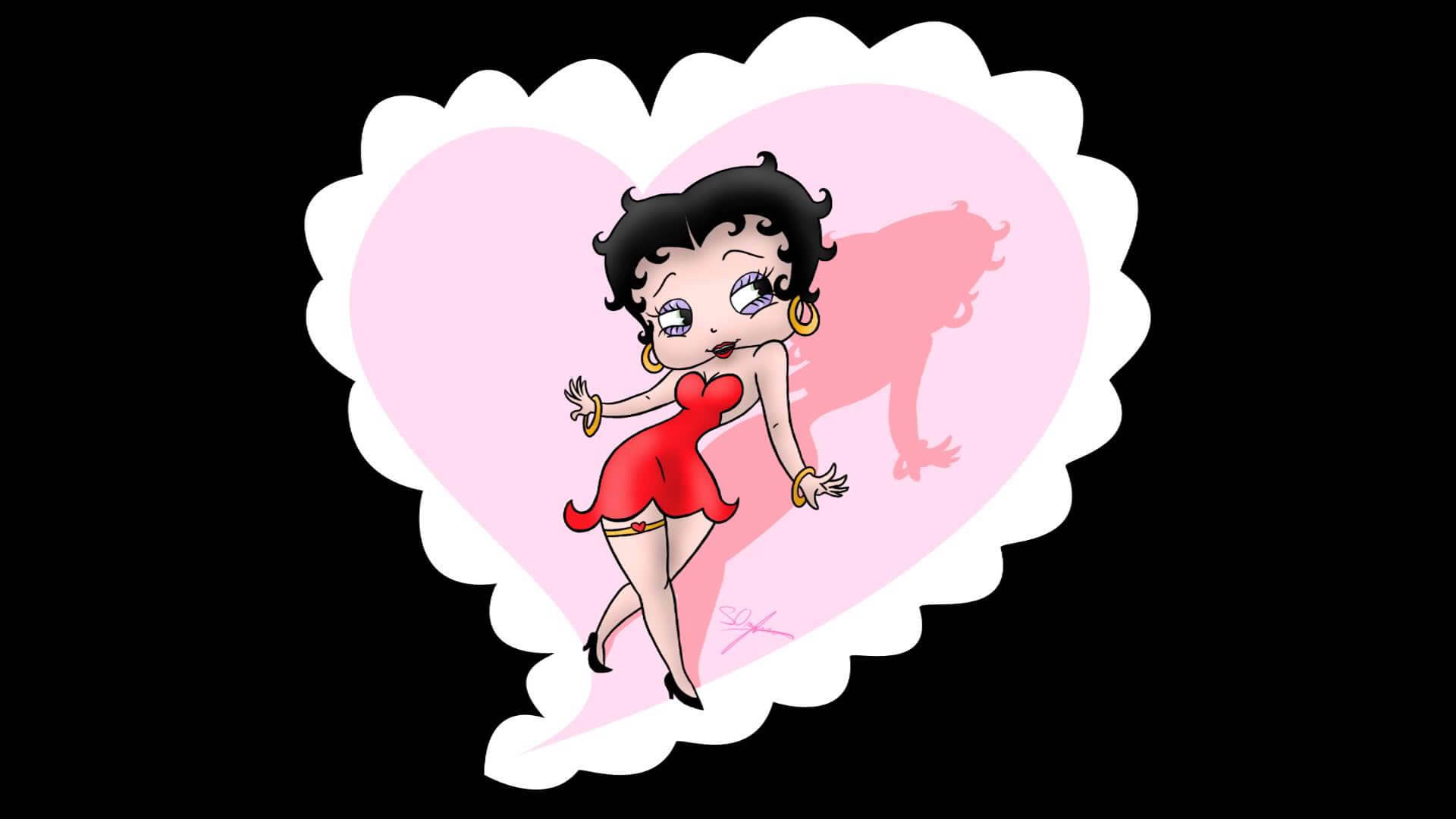 boop 桌布 壁紙 — Betty Boop 穿著紅色連衣裙在粉紅色心形內跳舞，身後有陰影，背景為黑色。