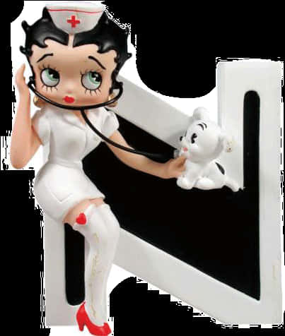 藝術 桌布 壁紙 — Betty Boop 穿著護士服，坐在白色床架上，抱著一隻小白貓。