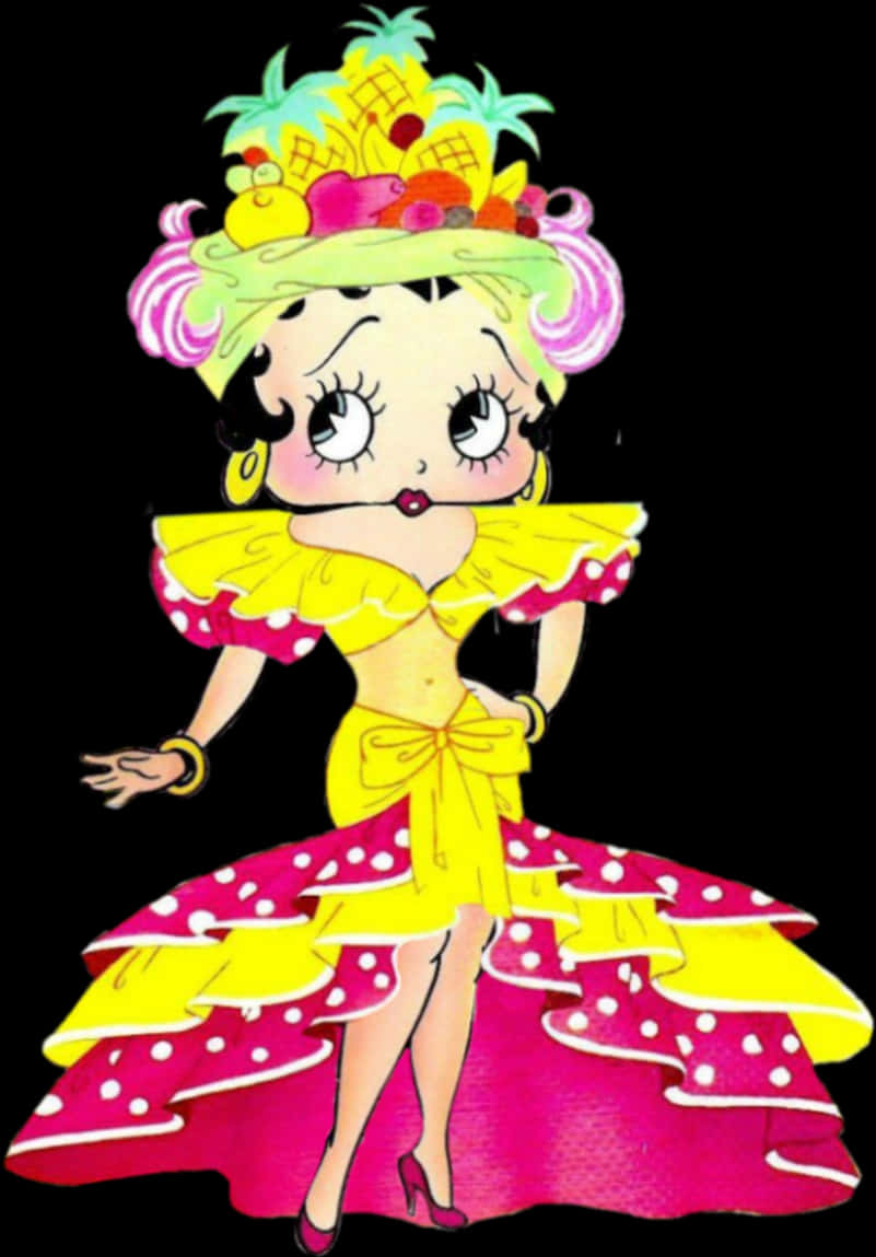 Clip Art 桌布 壁紙 — Betty Boop 穿著鮮豔的黃色和粉紅色圓點連衣裙，戴著一頂飾有水果的帽子，背景為黑色。