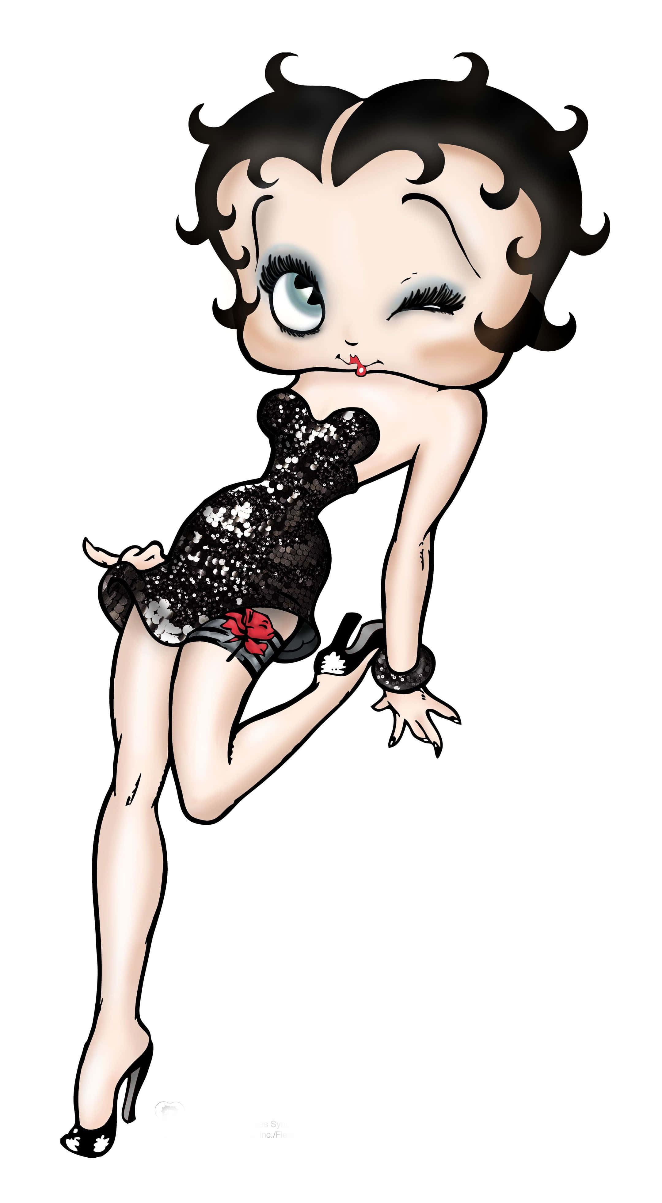 貝蒂娃娃 桌布 壁紙 — Betty Boop 穿著黑色亮片服裝擺出俏皮姿勢的經典卡通插圖。
