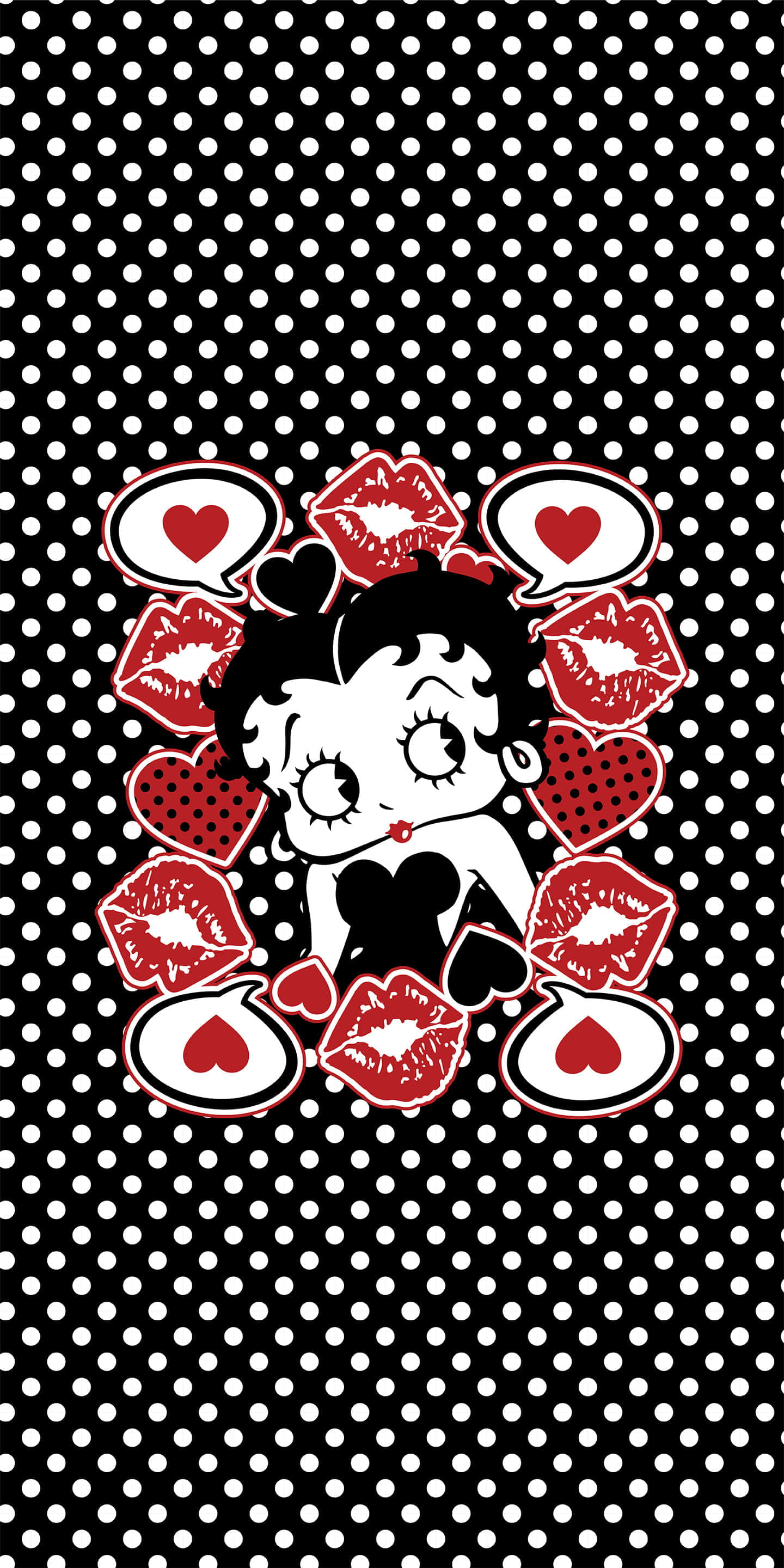 Black And White Dots 桌布 壁紙 — Betty Boop 被紅色愛心和唇印包圍，背景為黑白圓點圖案。
