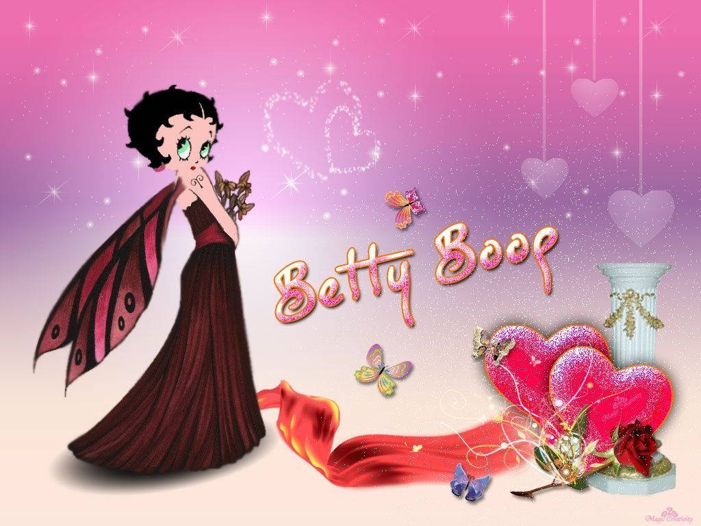 boop 桌布 壁紙 — Betty Boop 身穿栗色長裙，帶有蝴蝶翅膀，站在閃爍的心形和蝴蝶旁邊，背景是閃爍的粉紅色漸變天空。