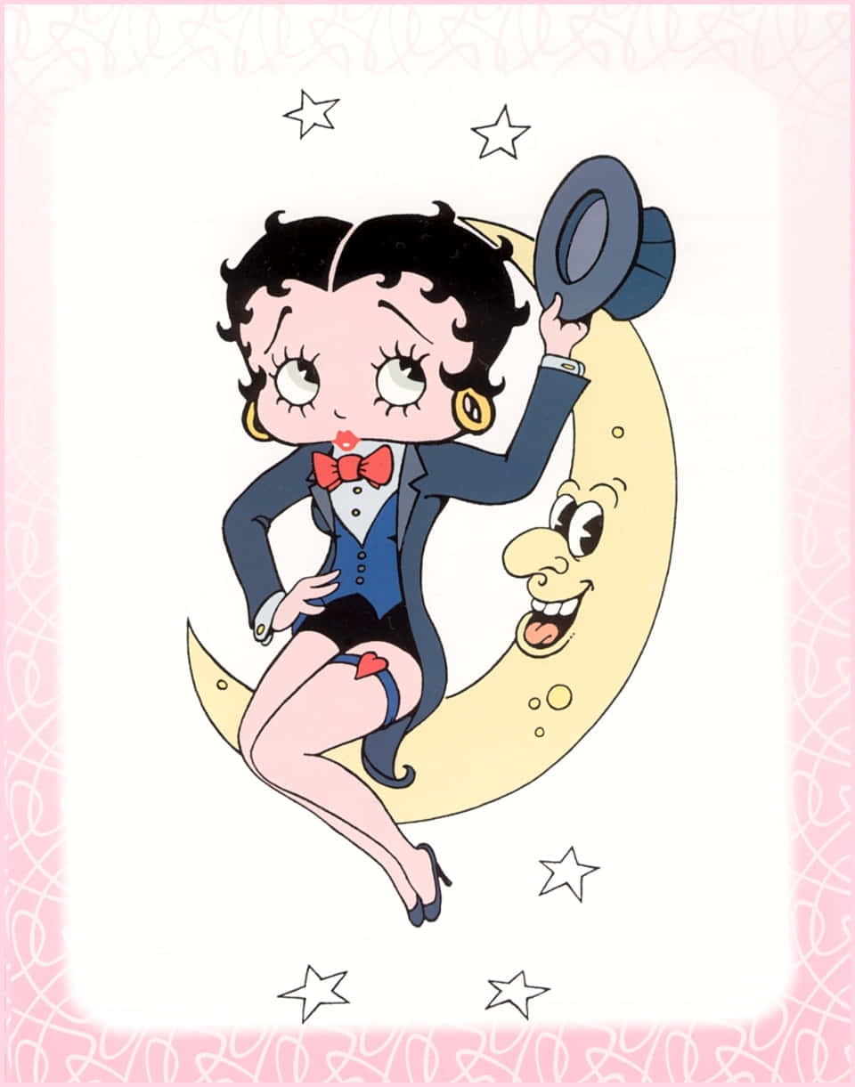 貝蒂娃娃 桌布 壁紙 — Betty Boop 身穿燕尾服坐在微笑的彎月上，在星星中脫帽致意。