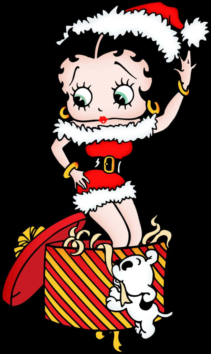 貝蒂娃娃 桌布 壁紙 — Betty Boop 身穿節慶紅白聖誕老人服裝，在條紋禮物盒上愉快地揮手，旁邊有一隻小白狗。