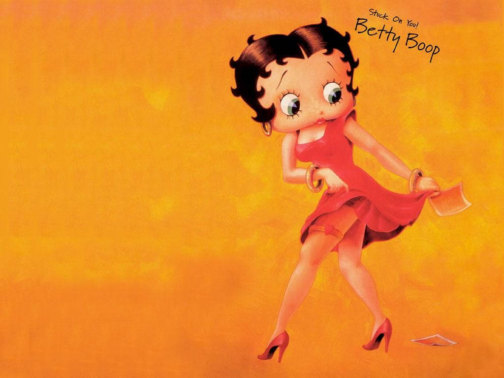boop 桌布 壁紙 — Betty Boop 身穿紅色連衣裙和高跟鞋，在溫暖的橙色紋理背景上俏皮地跳舞。