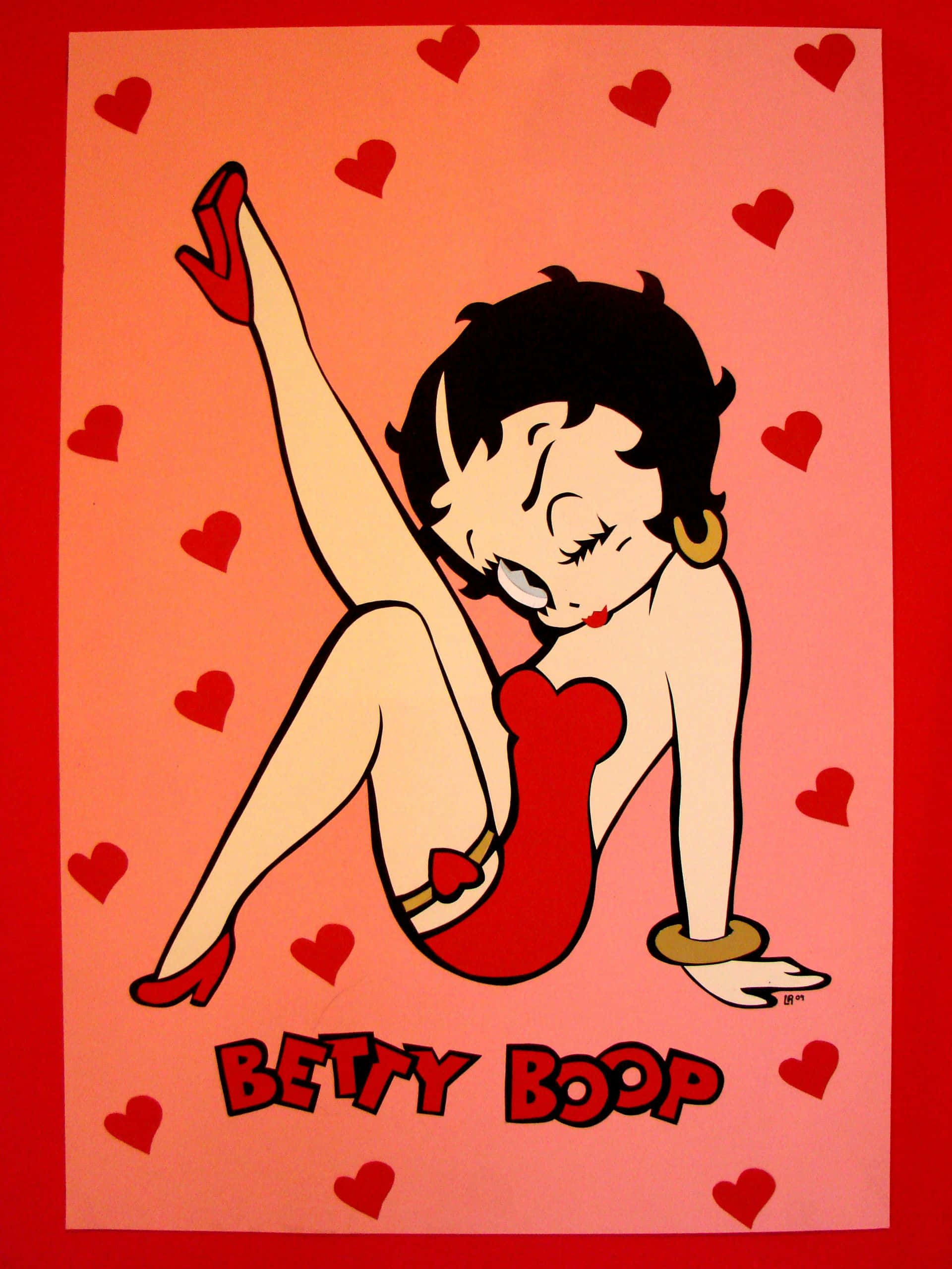 貝蒂娃娃 桌布 壁紙 — Betty Boop 身穿紅色連衣裙和高跟鞋，在粉紅色背景上漂浮的心形中擺出誘人姿勢。