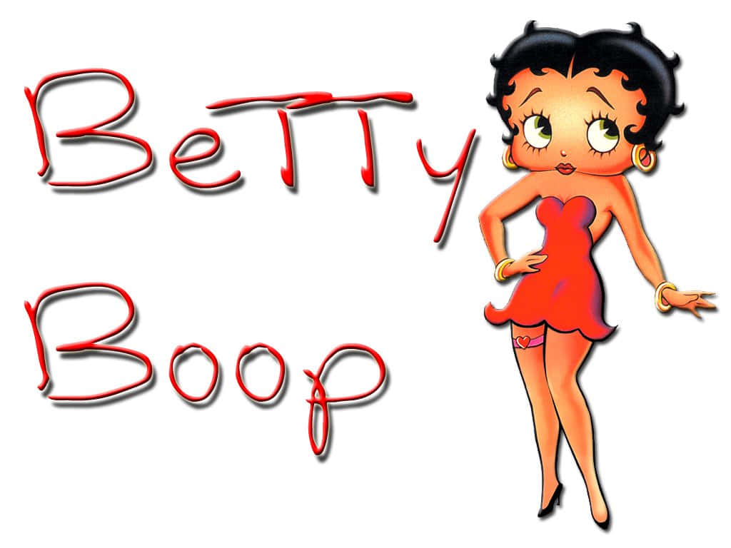 貝蒂娃娃 桌布 壁紙 — Betty Boop 身穿紅色連衣裙，站在白色背景上以粗體紅色草書寫的名字旁邊。