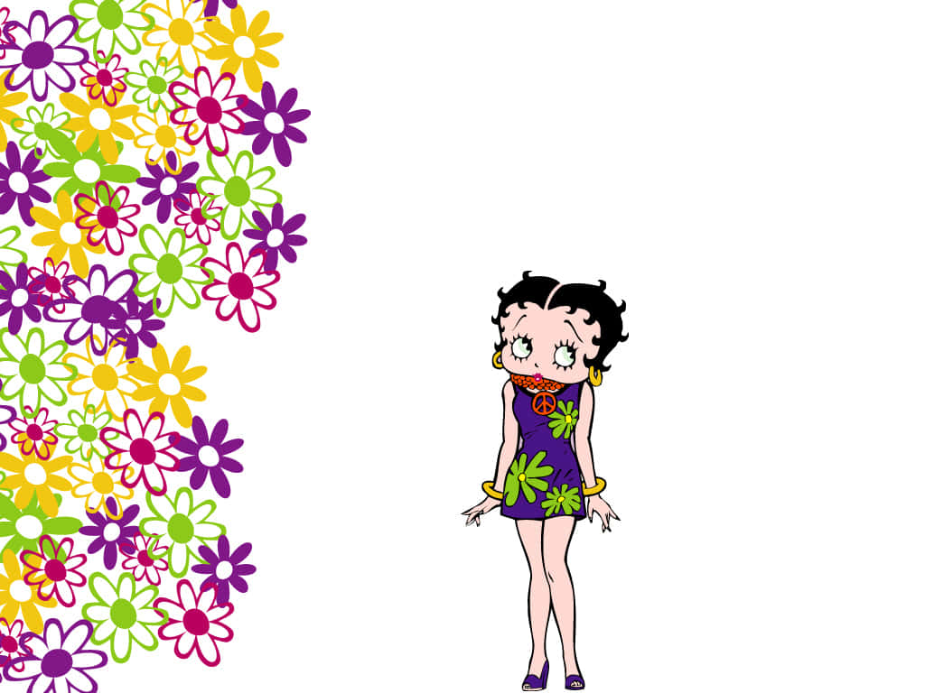 貝蒂娃娃 桌布 壁紙 — Betty Boop 身穿紫色花卉連衣裙，站在白色背景上色彩繽紛的雛菊瀑布旁。