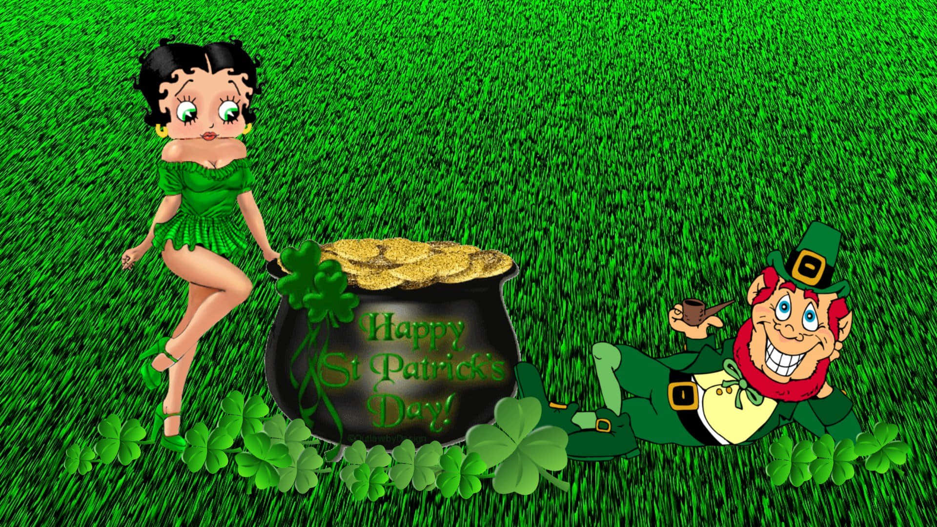 Saint Patricks Day 桌布 壁紙 — Betty Boop 身穿綠色連衣裙，站在一個小妖精和一個金鍋旁邊，背景是酢漿草田，慶祝聖派翠克節。