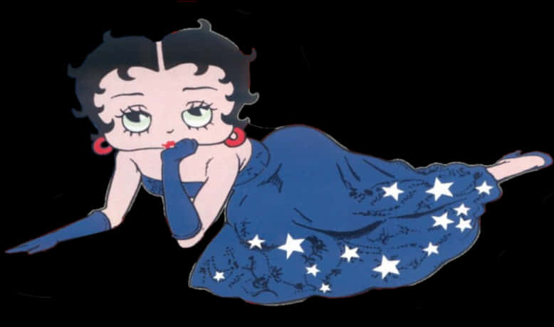 貝蒂娃娃 桌布 壁紙 — Betty Boop 身穿藍色星點長袍，若有所思地靠在黑色背景上。