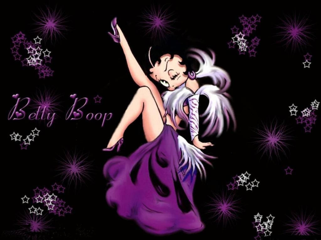 boop 桌布 壁紙 — Betty Boop 身穿飄逸的紫色長袍，在飾有閃爍紫色和白色星星的黑色背景前優雅起舞。
