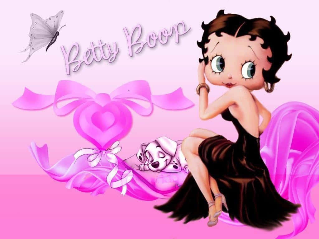 貝蒂娃娃 桌布 壁紙 — Betty Boop 身穿黑色連衣裙，在粉彩粉紅色背景上，與一隻睡著的狗、蝴蝶和粉紅色絲帶一起擺姿勢。