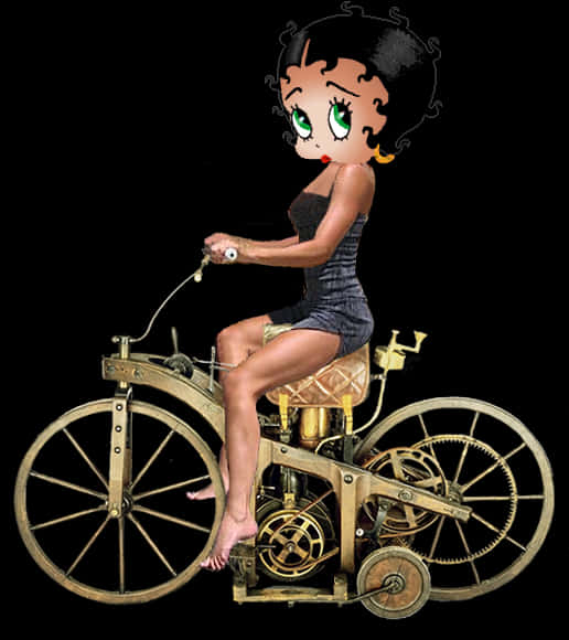Clip Art 桌布 壁紙 — Betty Boop 騎著一輛復古黃銅自行車，帶有外露齒輪，背景為黑色。