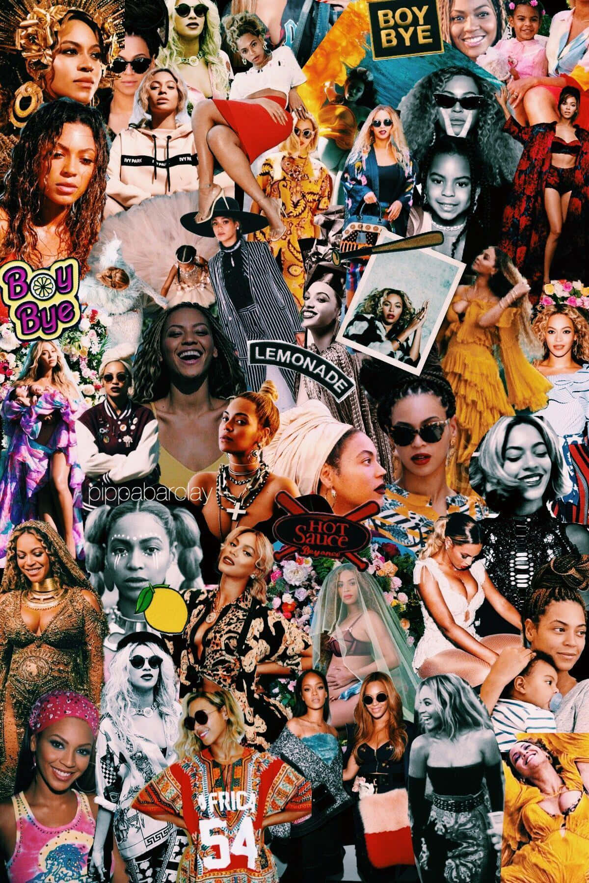 碧昂絲 桌布 壁紙 — Beyoncé 在《Lemonade》時代的多樣造型和姿勢的充滿活力的拼貼畫，周圍環繞著粗體文字和色彩繽紛的視覺效果。