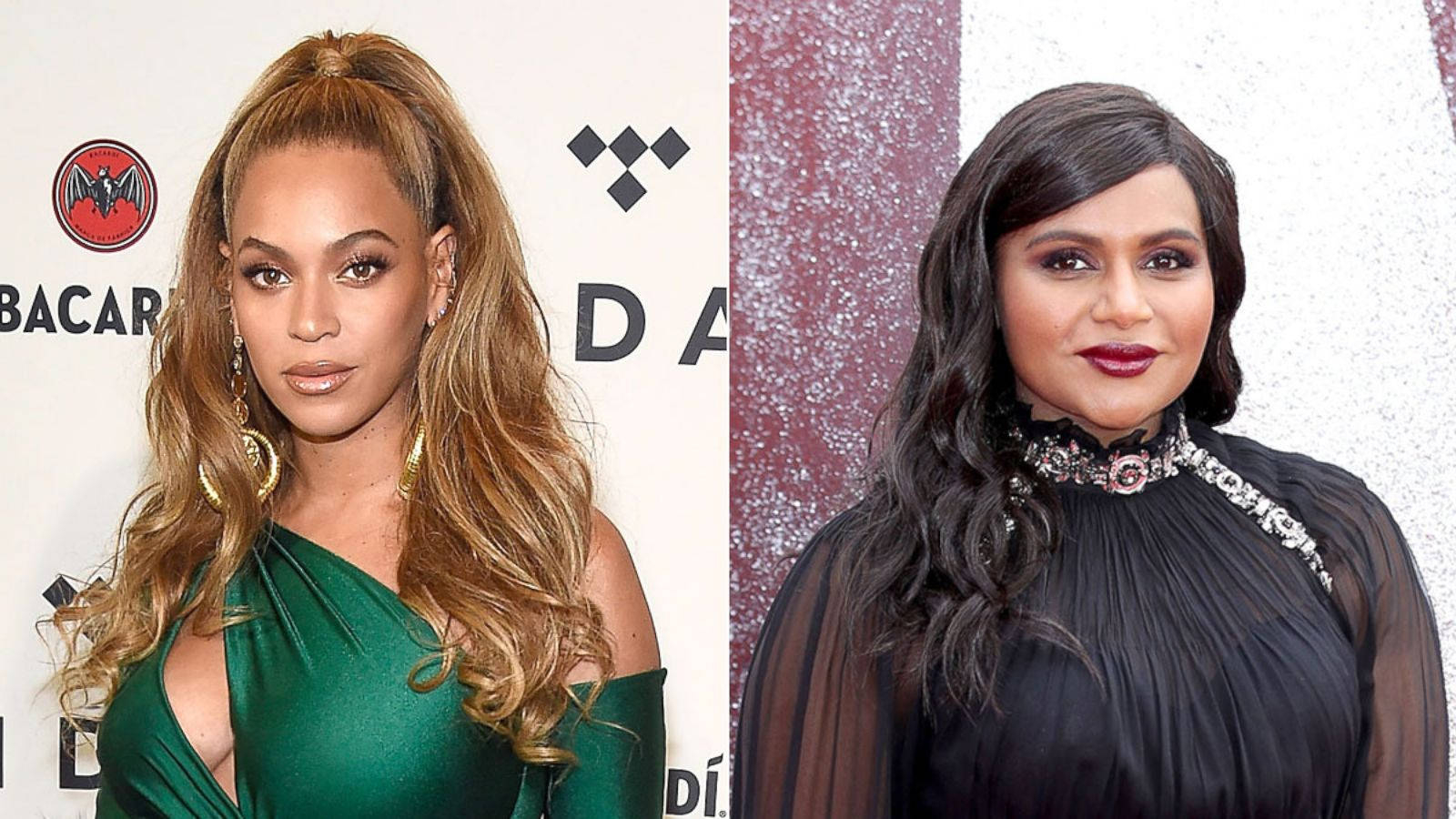 好萊塢 桌布 壁紙 — Beyoncé 身穿綠色長裙，Miley Cyrus 身穿黑色長裙，在閃爍背景的華麗活動中擺姿勢。