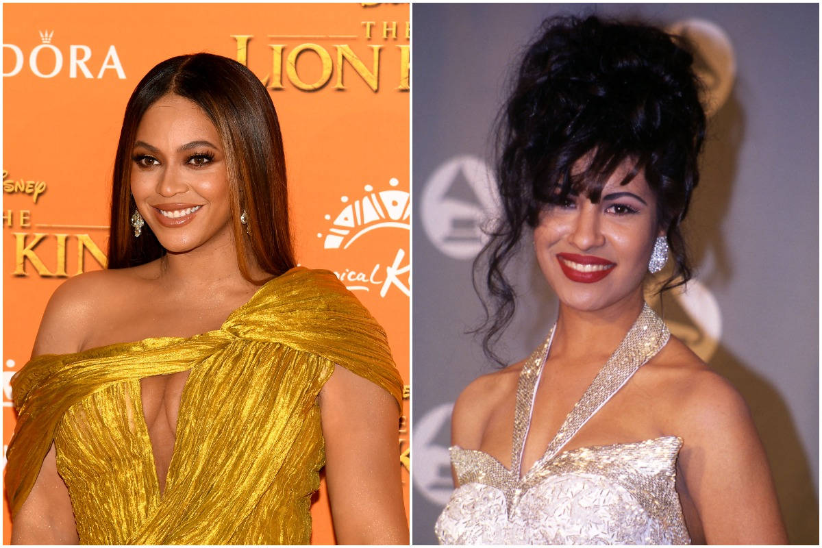 Selena Quintanilla 桌布 壁紙 — Beyoncé 身穿金色長裙對著鏡頭微笑，旁邊是身穿銀色連衣裙的Gloria Estefan，兩人均出席華麗場合。