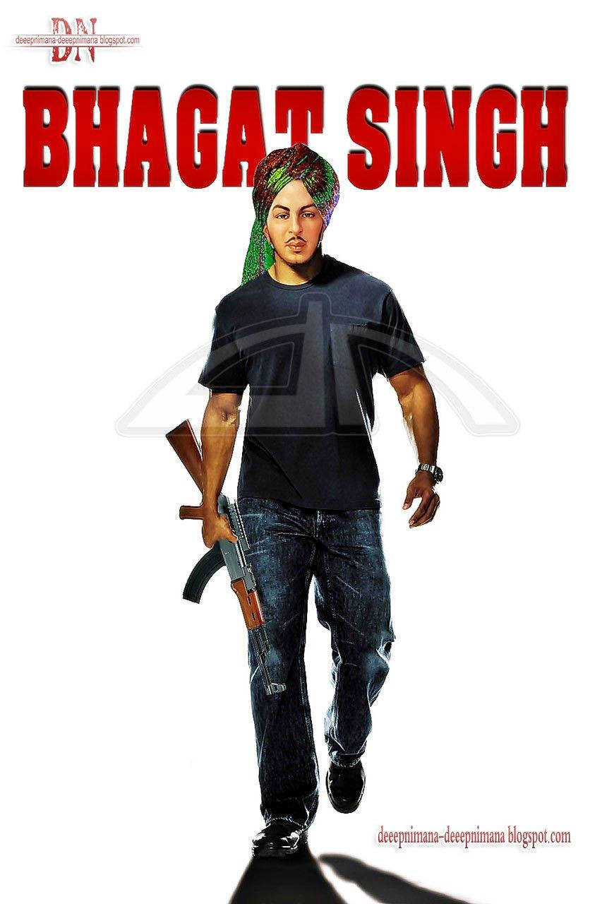 Shaheed Bhagat Singh 桌布 壁紙 — Bhagat Singh 的數位肖像，身穿現代服裝，手持AK-47，背景為純白色。