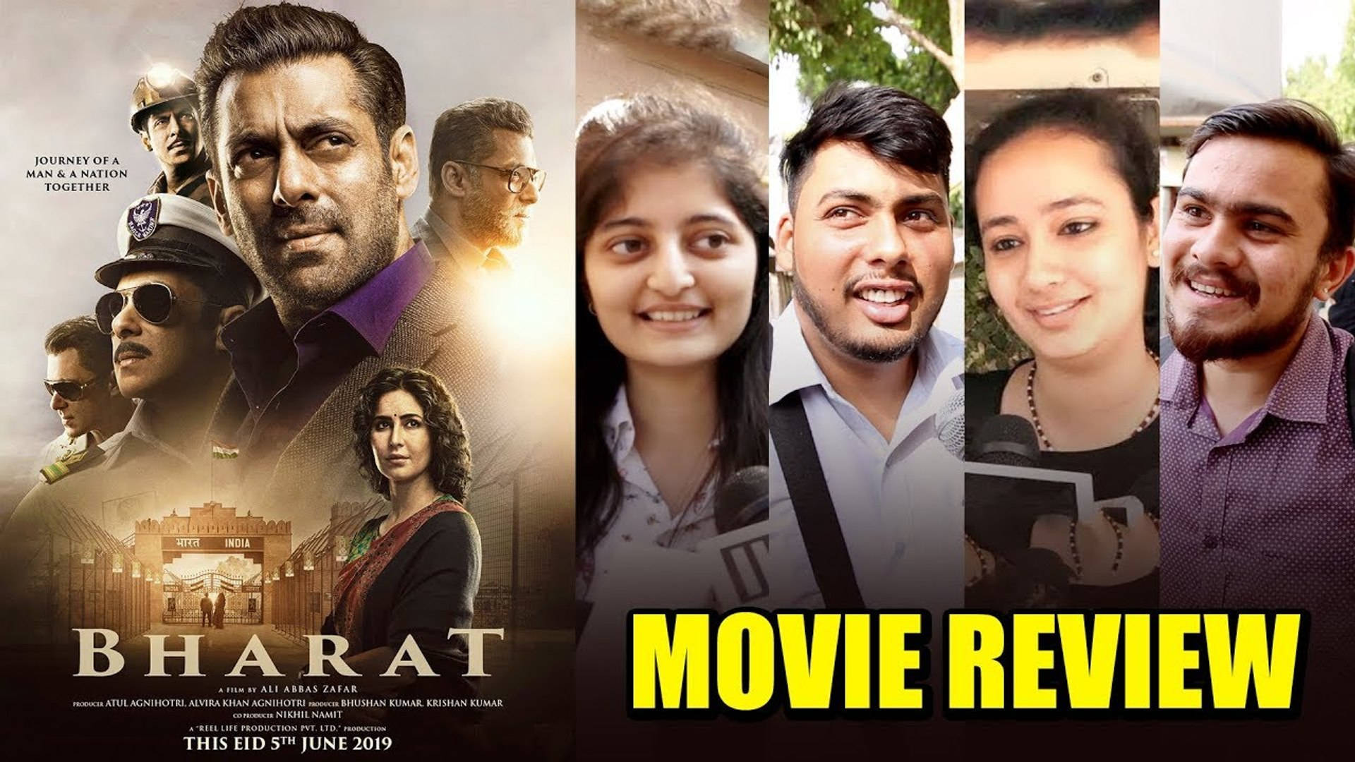 電影動圖 桌布 壁紙 — 《Bharat》電影海報拼貼，演員與評論文字，暖金色背景。