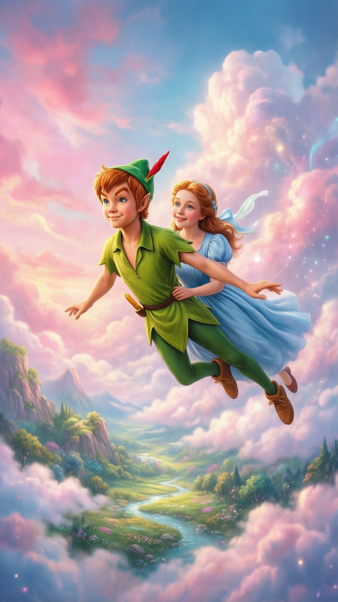 Flight to Neverland 壁紙 — 彼得潘與溫蒂在粉紅雲朵的夢幻天空中翱翔，下方是翠綠的山谷與蜿蜒的河流。
