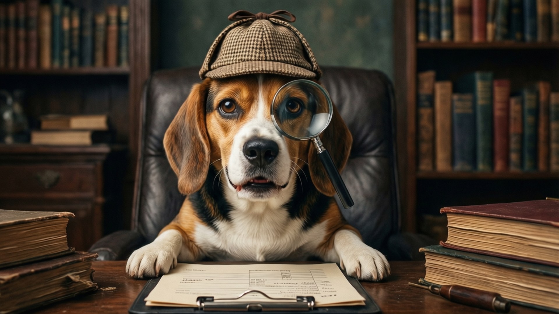 Detective Beagle Case 壁紙 — 一隻比格犬戴著獵鹿帽，手持放大鏡，坐在圖書館的書桌前，周圍都是書。