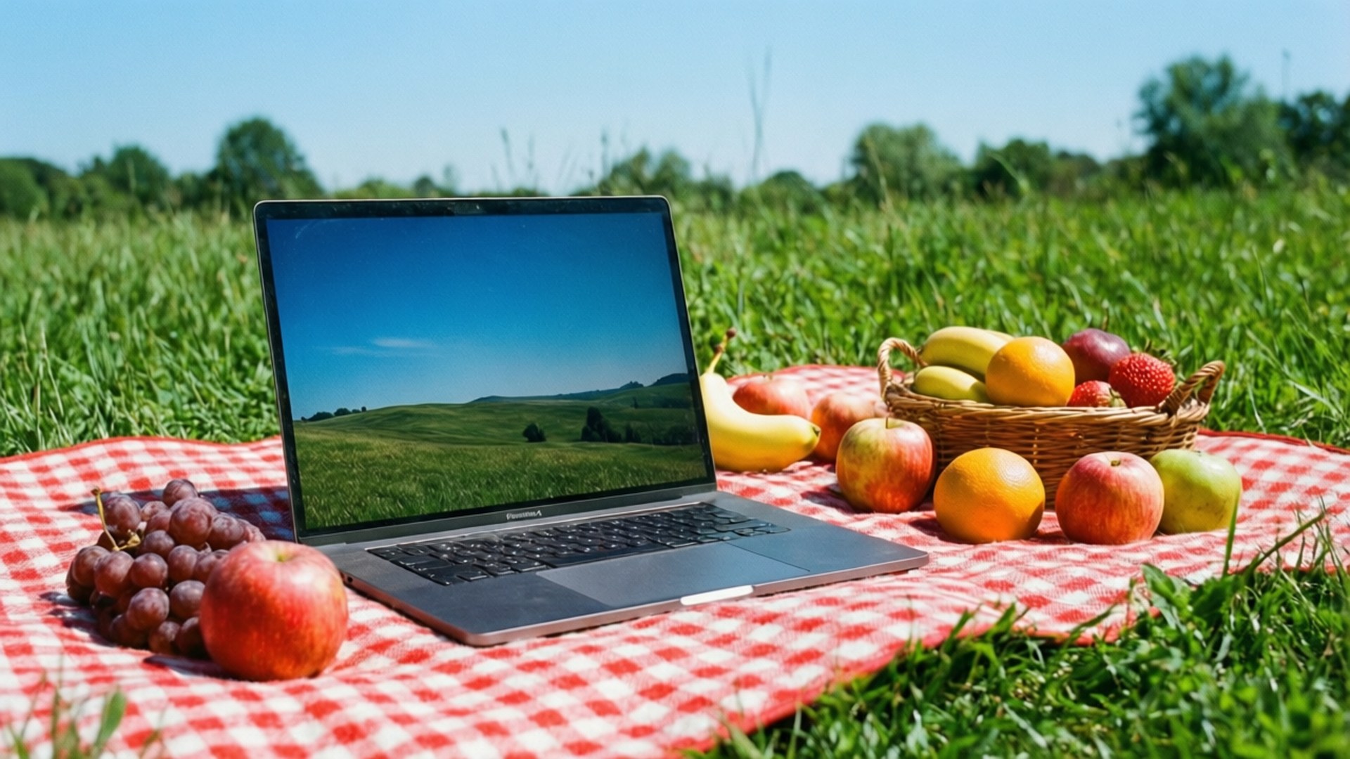 Picnic Laptop Summer 壁紙 — 一台顯示綠色起伏田野的筆記型電腦放在紅白格子毯上，旁邊有一籃新鮮水果，位於陽光明媚的草地上。