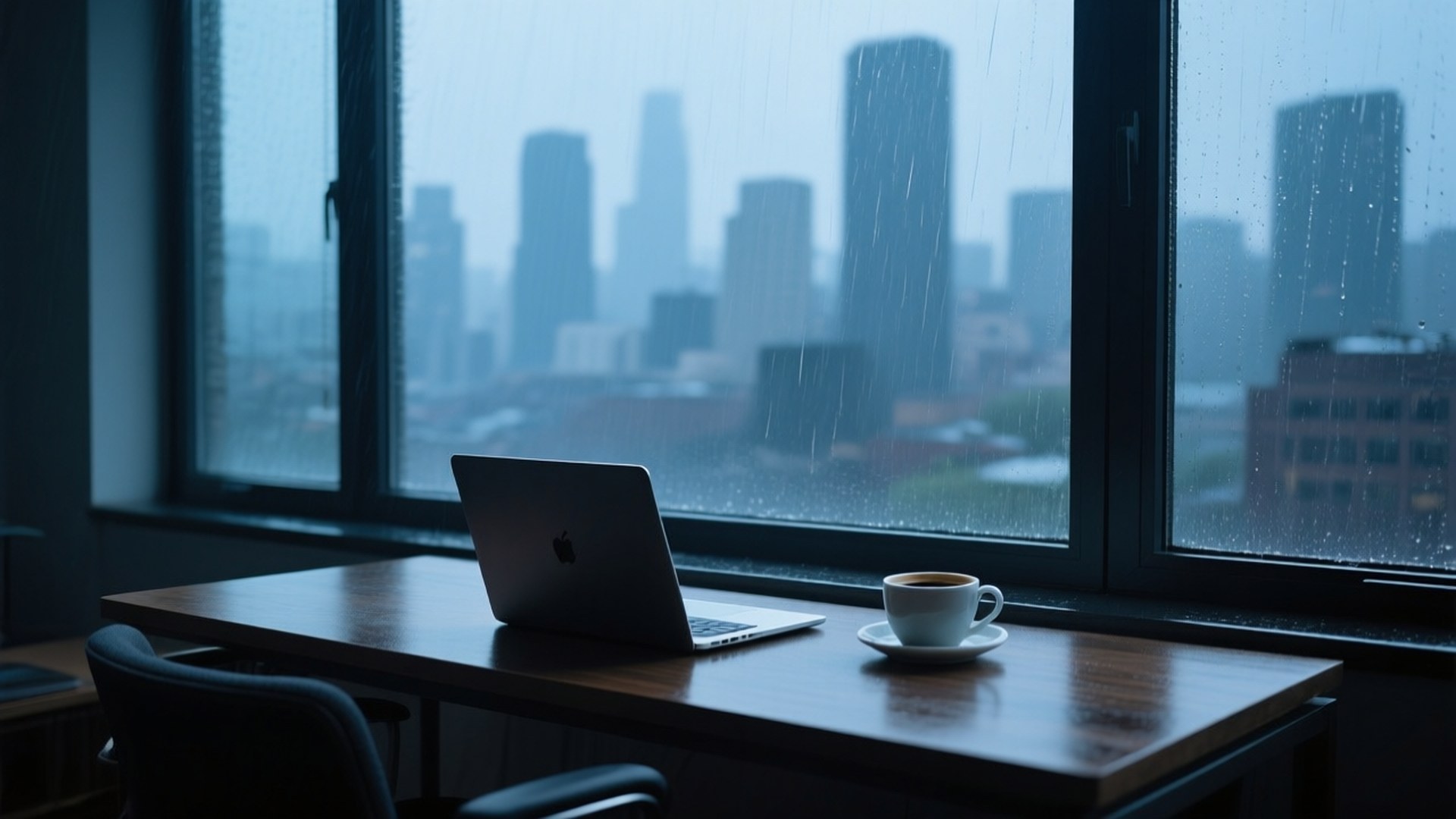 Rainy Day Desk 壁紙 — 一台筆記型電腦和一杯咖啡放在木桌上，窗外雨水流淌，隱約可見城市天際線。