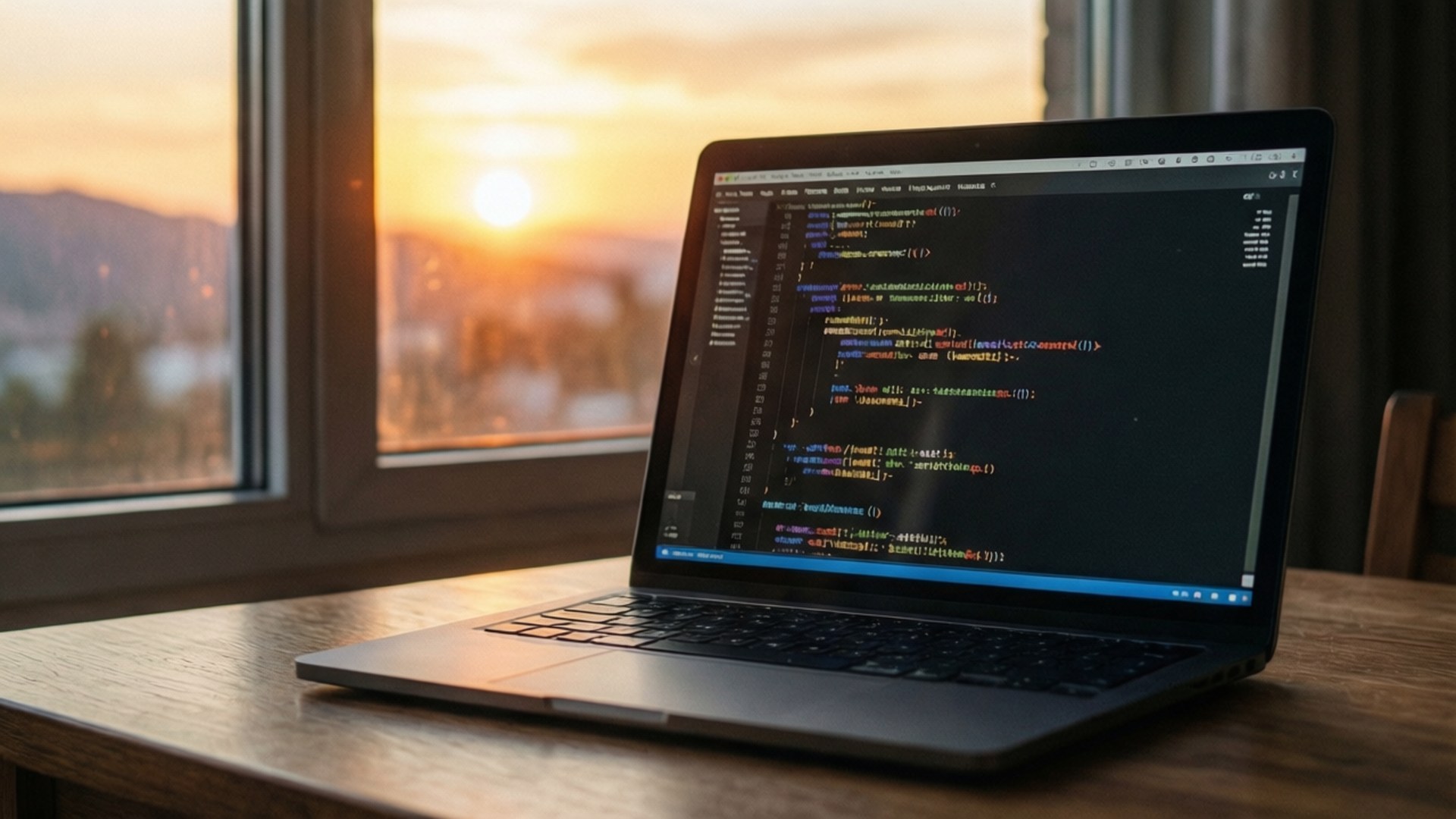 Sunset Coding 壁紙 — 一台顯示彩色代碼的筆記型電腦放在木桌上，背後透過窗戶可以看到溫暖的日落景色。