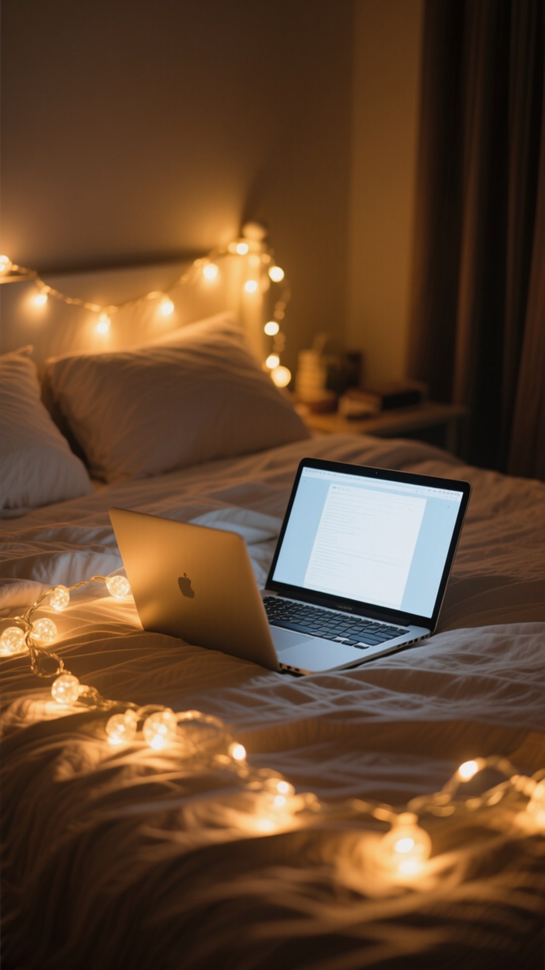Laptop Fairy Night 壁紙 — 一部筆記型電腦打開放在舒適的床上，周圍是溫暖發光的串燈，房間燈光昏暗。