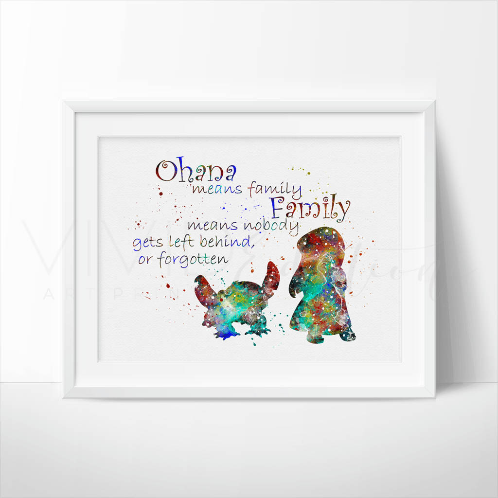 裱框水彩藝術，莉蘿與史迪奇，引文 Ohana 意味著家庭。 — Stitch 壁紙