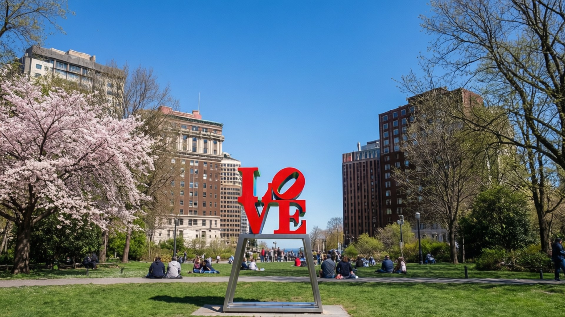 Love Park Spring Cherry Blossoms 壁紙 — 標誌性的紅色LOVE雕塑矗立在陽光明媚的公園中，背景有盛開的櫻花樹和城市建築。