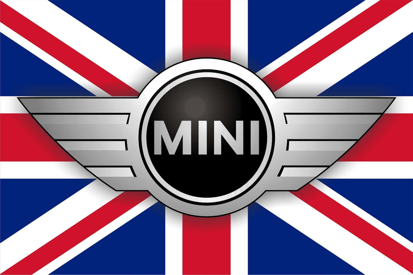  壁紙 — 標誌性的MINI標誌，銀色翅膀居中於鮮豔的英國國旗背景上。