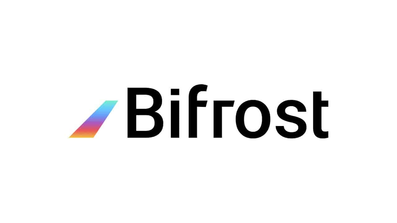  壁紙 — Bifrost 標誌以粗體黑色文字和彩色漸變箭頭圖標為特色，背景為純白色。