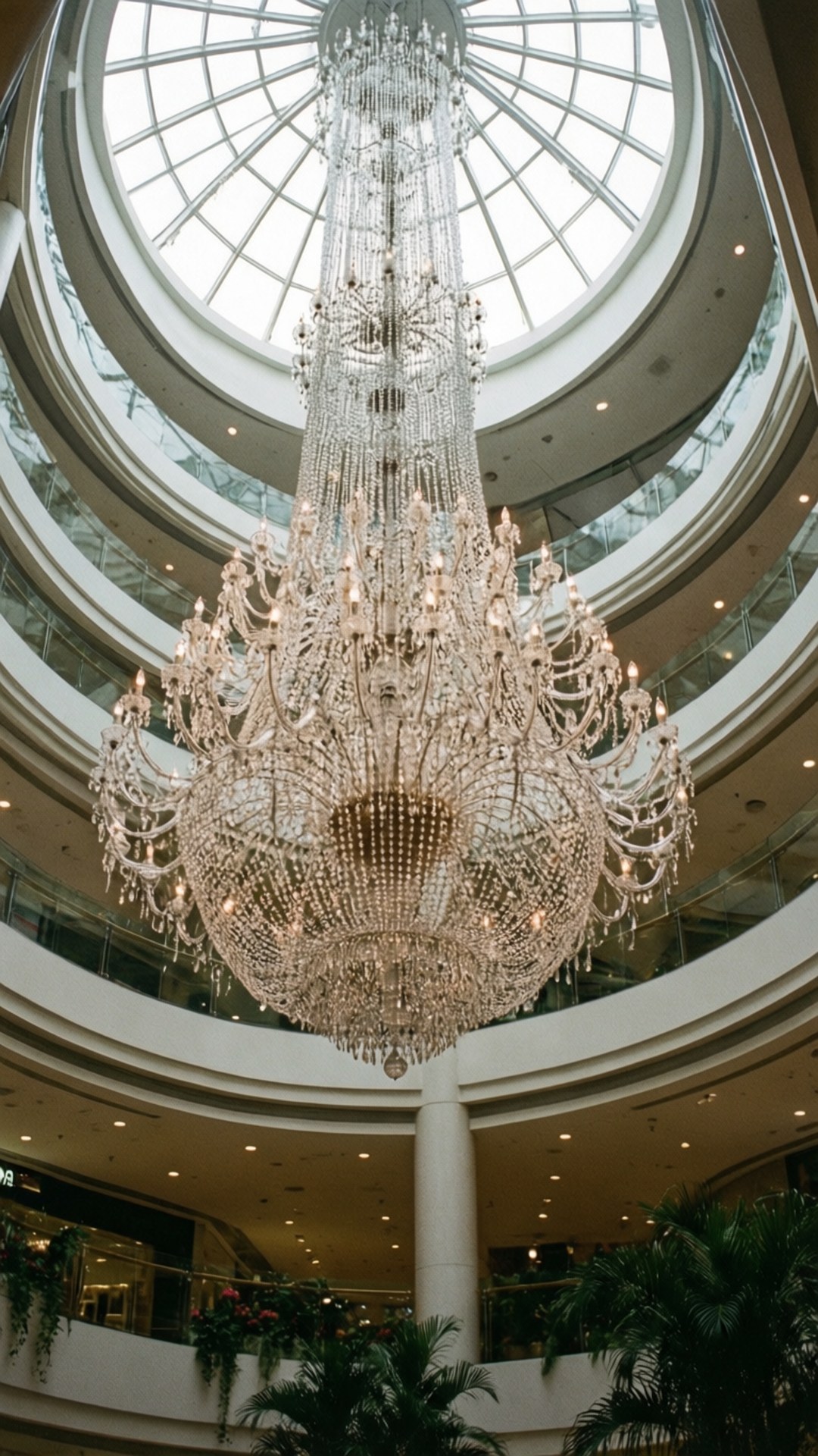 Shopping Mall 桌布 壁紙 — 一個大型水晶吊燈從圓形天窗懸掛在多層豪華購物中心的中庭。